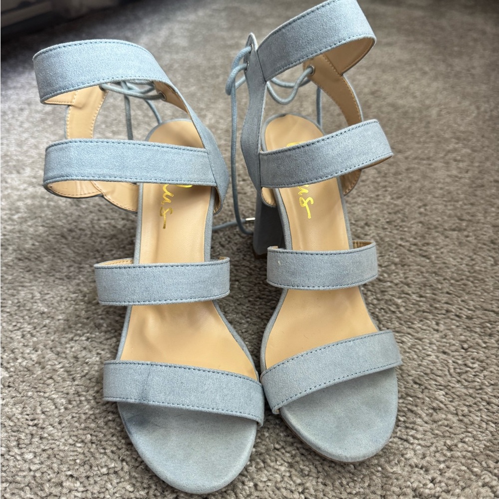 Lulu's Marlena Blue Grey Suede Caged Lace-Up Heel - Picture 4 of 9